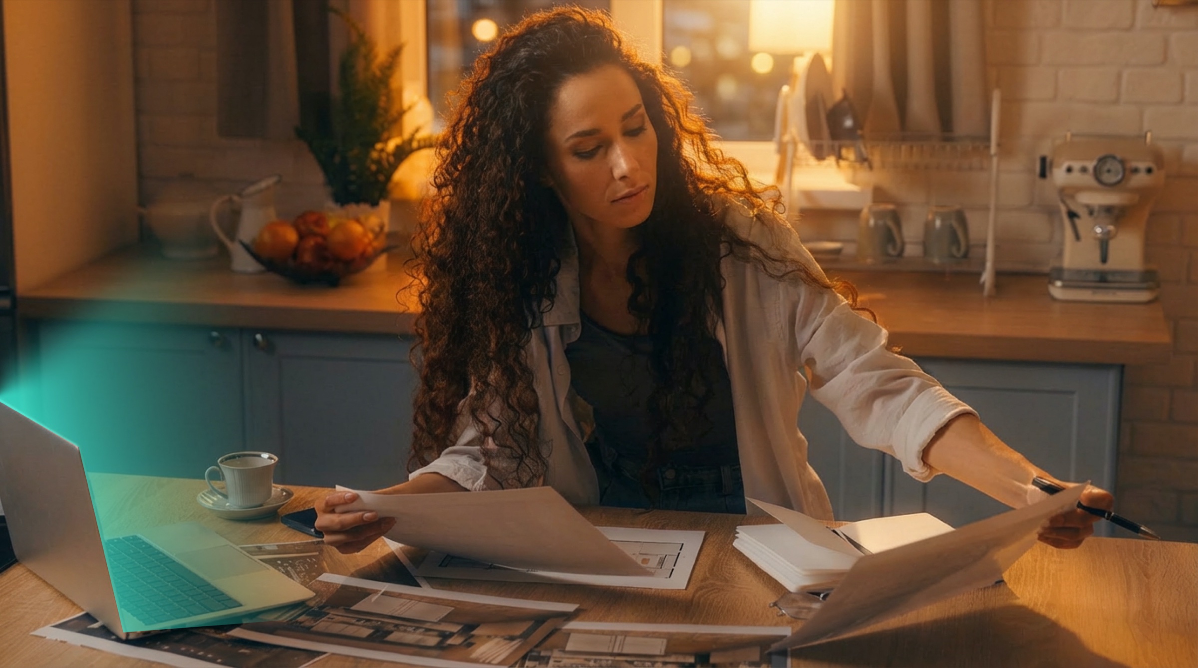A homeowner reviewing housing documents at the kitchen table